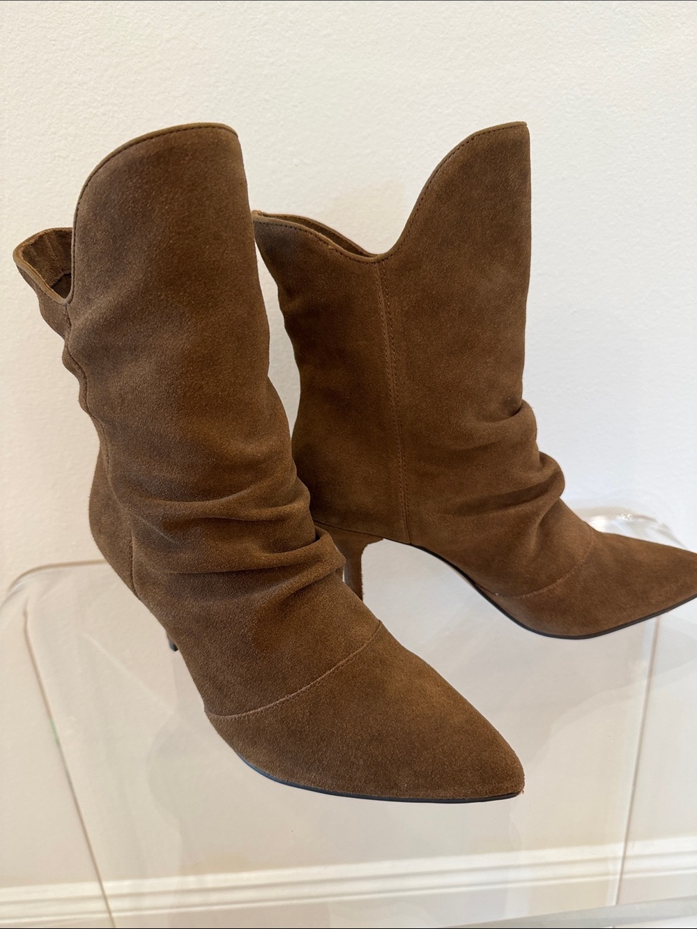 Vince Camuto Brown Suede Slouch Pointed-Toe Mid-Calf Heeled Boots